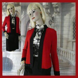 St. John Collection Suit Size 8 Red Vertical Rib Knit Black Trim Black Skirt